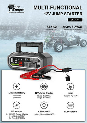 Tragbare Autobatterie Sprungstarter 12V 24000mAh 2000A Mehrfunktions-LED-Lichtstrombank