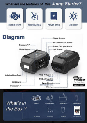 4 in 1 Auto Booster Power Bank Sprungstarter mit eingebauten Luftkompressor und Aufblaser
