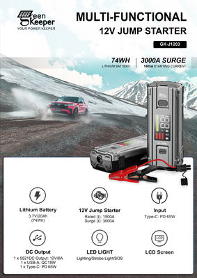 Auto Notfallbatterie J1203 Peak 3000A 20000mAh Boost Jump Starter für Fahrzeuge mit 8,0L