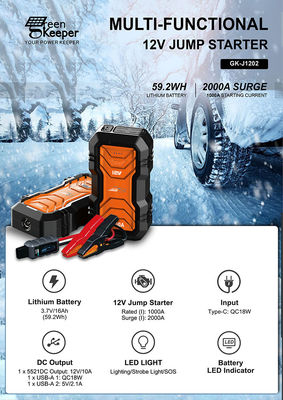 QC 18W Eingang GreenKeeper UltraSafe Super Kondensator 2000A Batterie Sprungstarter mit LED-Licht