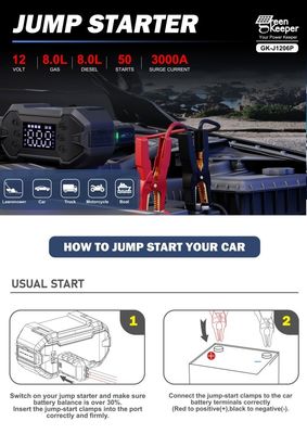 3000A Peak Portable Mini Car Jump Starter mit 20000mAh Kapazität und LED Taschenlampe